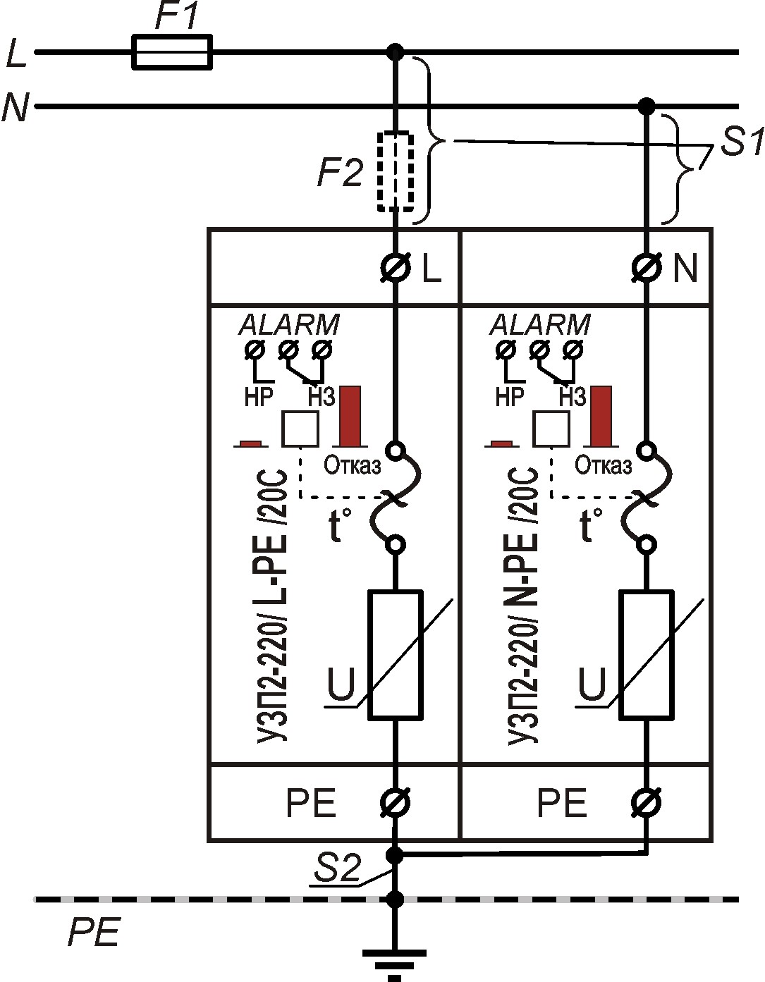 Устройство защиты класса II электрооборудования распределительных сетей 220 (230) В AC от импульсных перенапряжений, комплект <br>УЗП2-220К/LN-PE/20С 21
