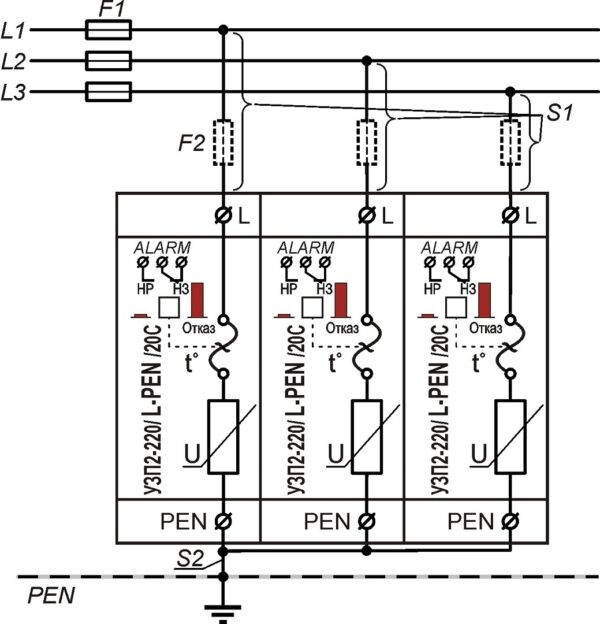 Устройство защиты класса II электрооборудования распределительных сетей 220 (230) В AC от импульсных перенапряжений, комплект <br>УЗП2-220К/3L-PEN/20С 17