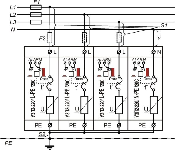 Устройство защиты класса II электрооборудования распределительных сетей 220 (230) В AC от импульсных перенапряжений, комплект <br>УЗП2-220К/3LN-PE/20С 17