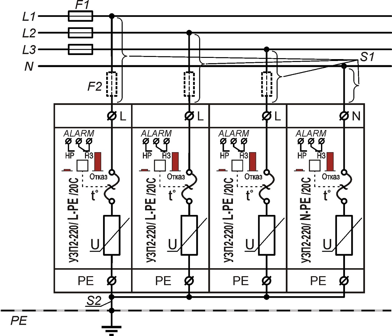 Устройство защиты класса II электрооборудования распределительных сетей 220 (230) В AC от импульсных перенапряжений, комплект <br>УЗП2-220К/3LN-PE/20С 21